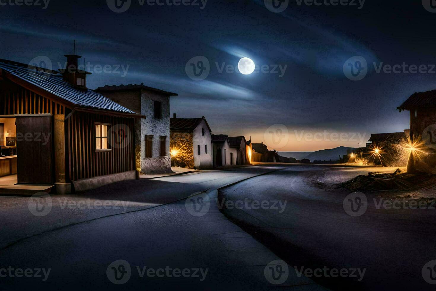 foto papel de parede a céu, noite, a lua, a estrada, a Vila, a casa,. gerado por IA