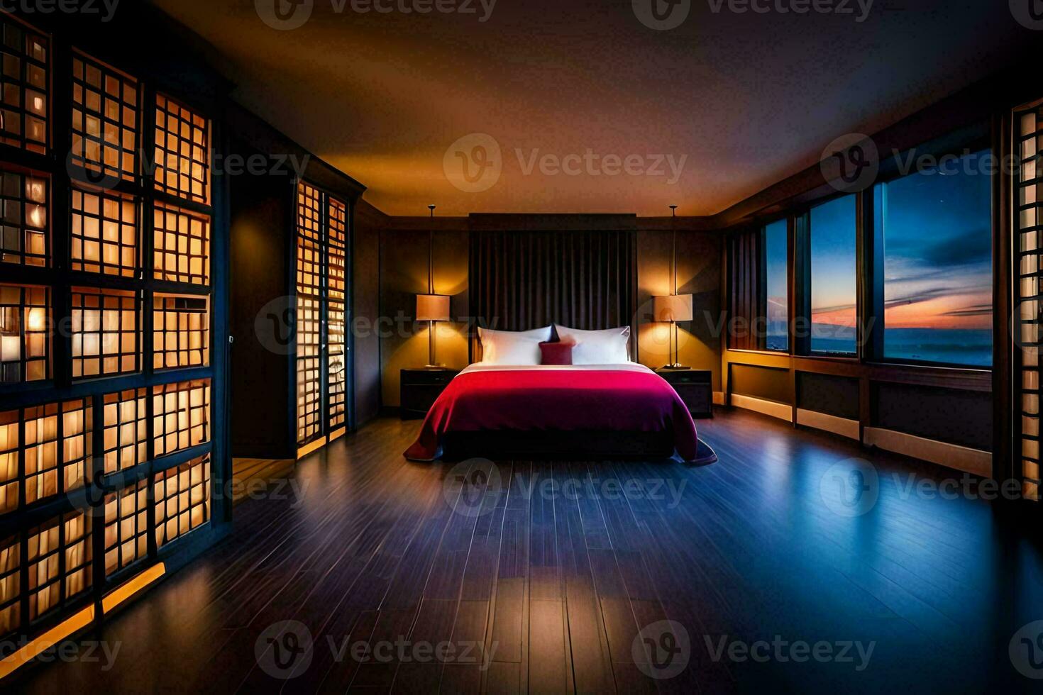 uma quarto com uma cama e janelas negligenciar a oceano. gerado por IA foto