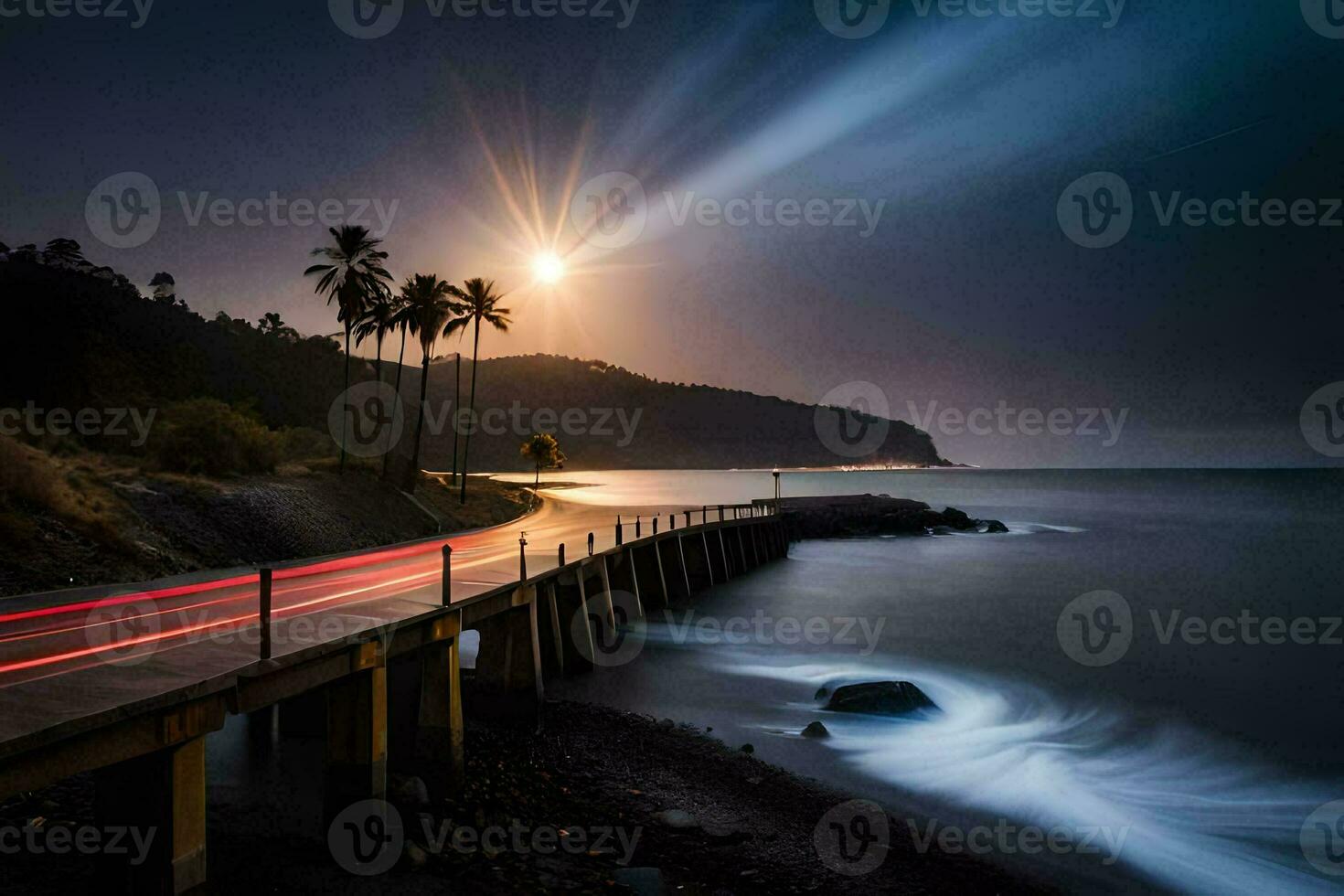 uma grandes exposição foto do uma cais às noite com Palma árvores gerado por IA