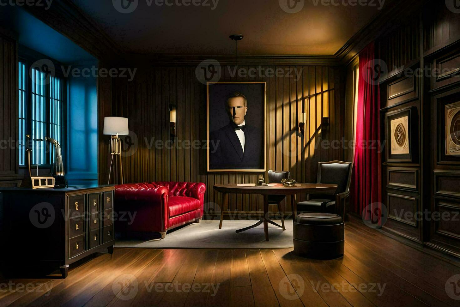 uma quarto com uma vermelho couro cadeira e uma pintura em a muro. gerado por IA foto