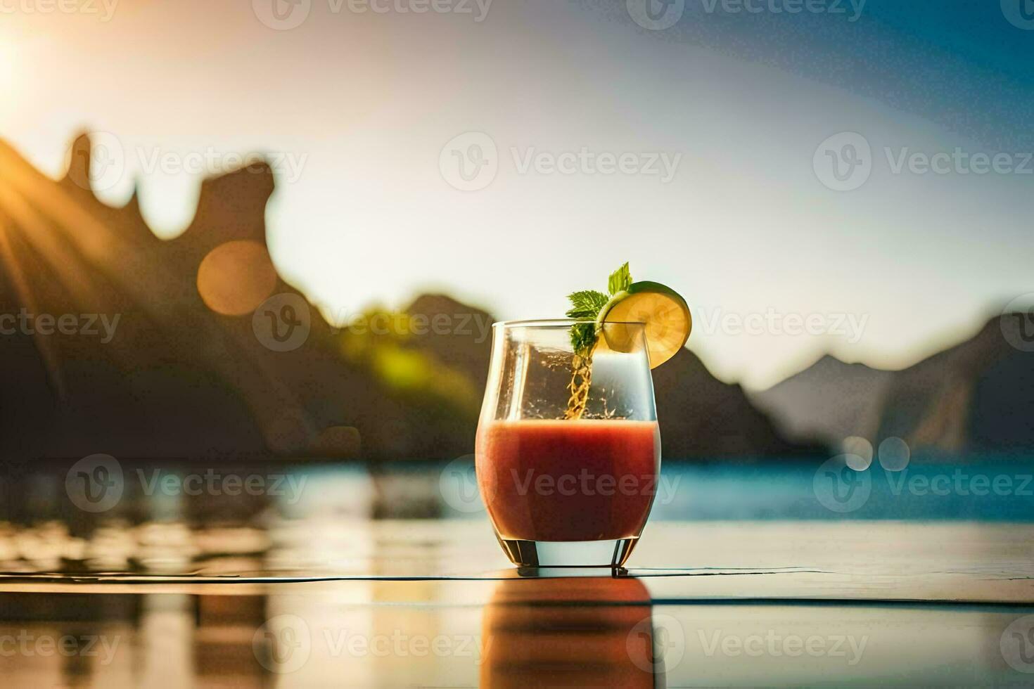 uma vidro do suco com uma fatia do Lima em a mesa. gerado por IA foto
