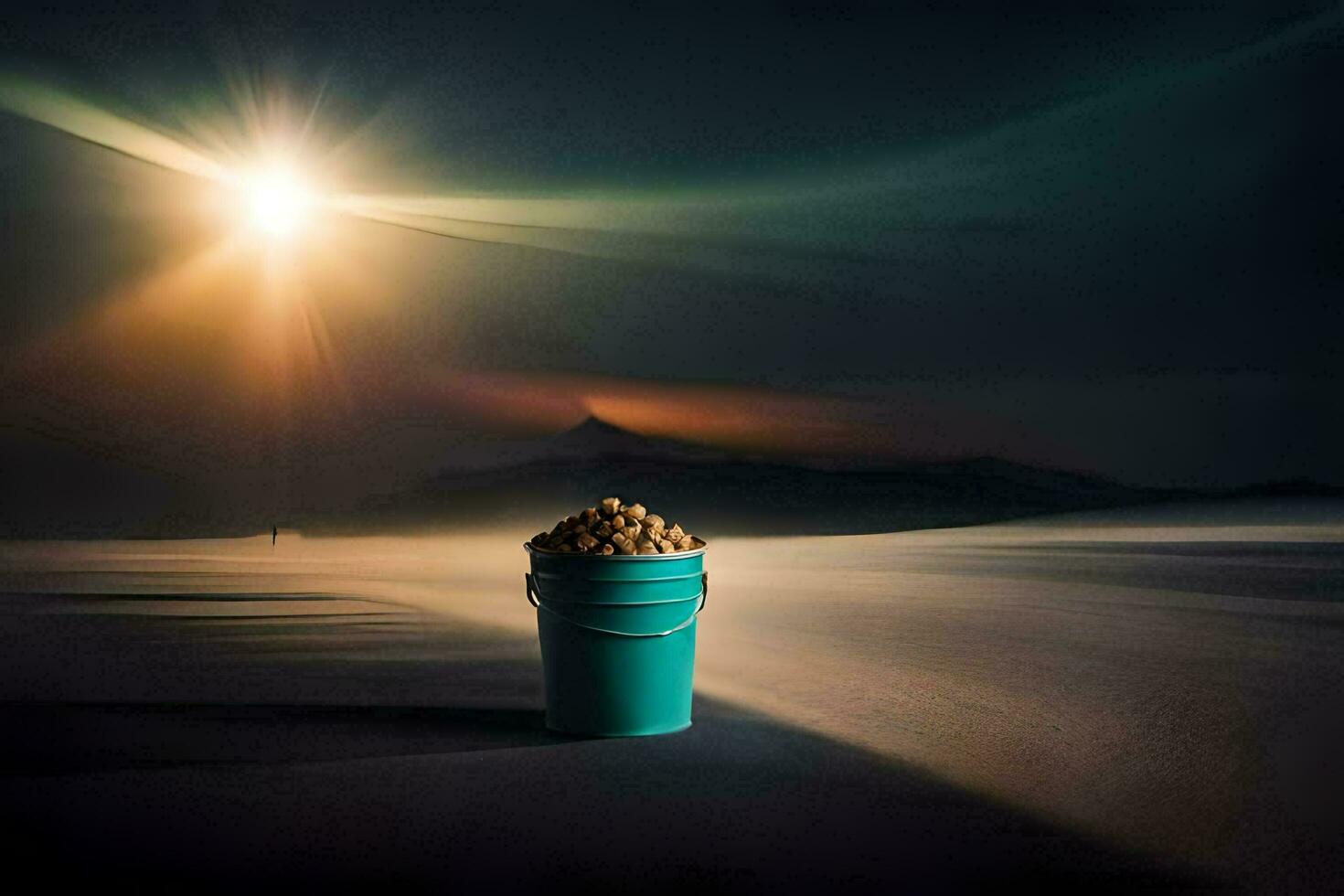 uma balde do areia senta em a deserto chão. gerado por IA foto