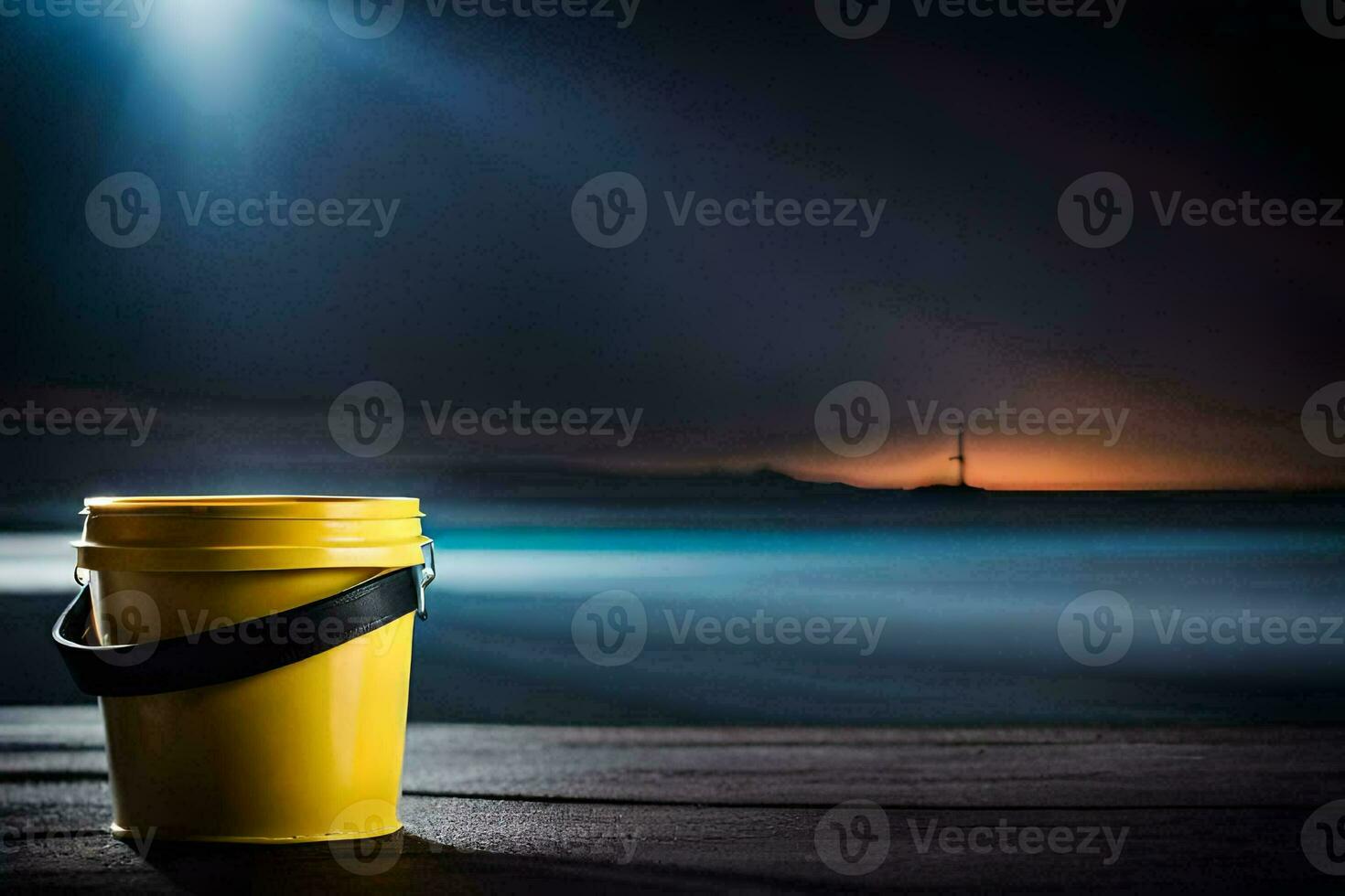 amarelo balde em a de praia às noite. gerado por IA foto