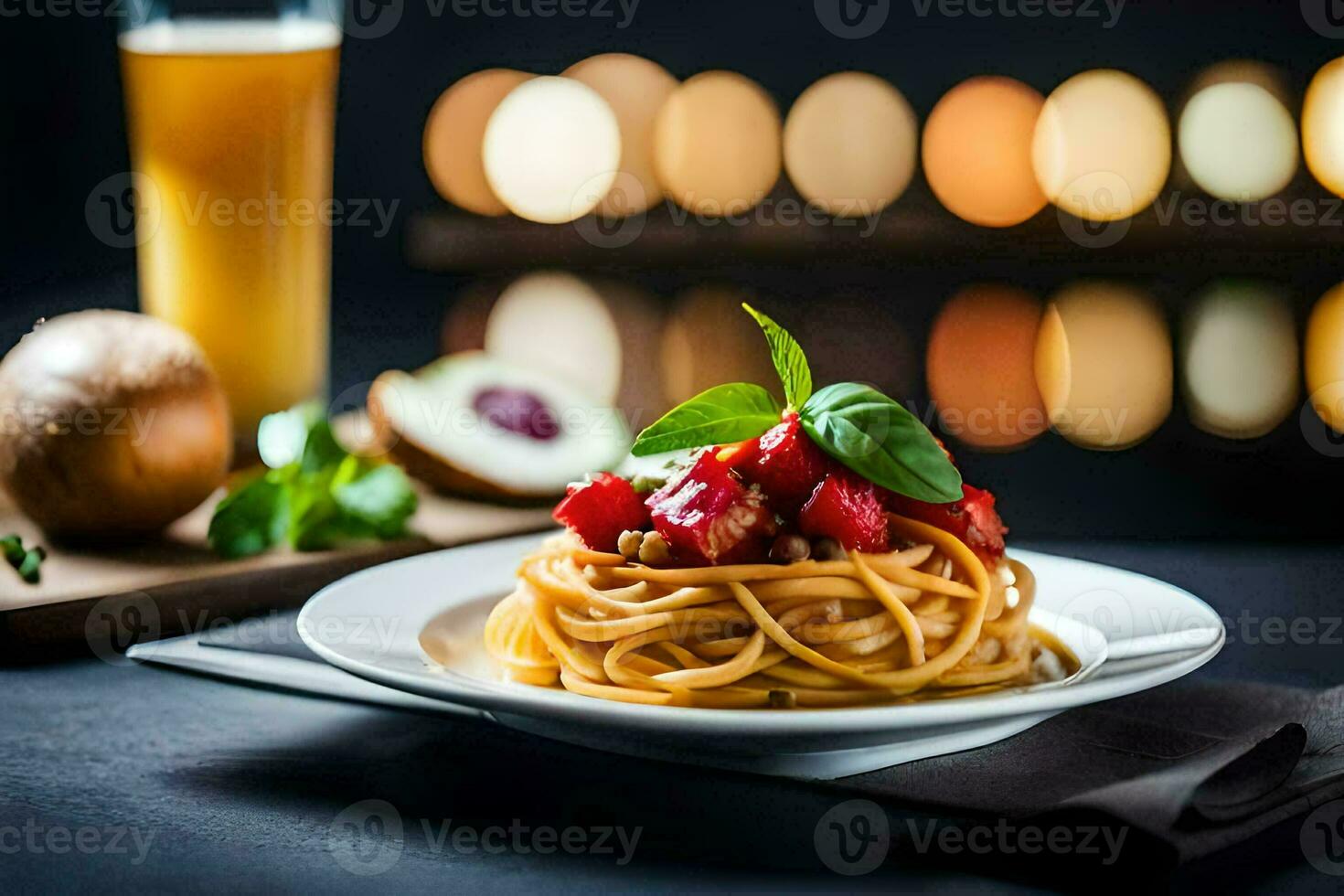 espaguete com tomate e manjericão em uma placa. gerado por IA foto