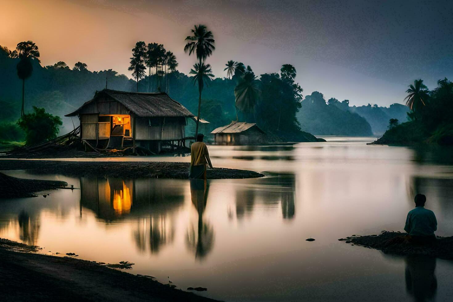 uma homem sentado em a costa do uma rio às pôr do sol. gerado por IA foto