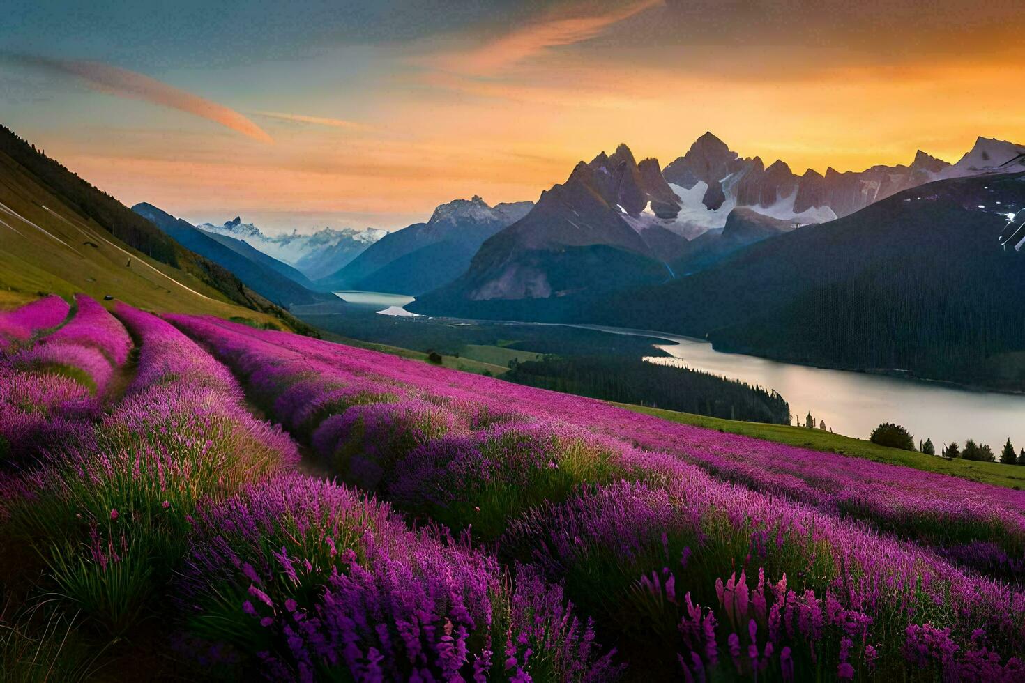 a lavanda Campos do a Alpes, a montanhas, e a lago às pôr do sol. gerado por IA foto