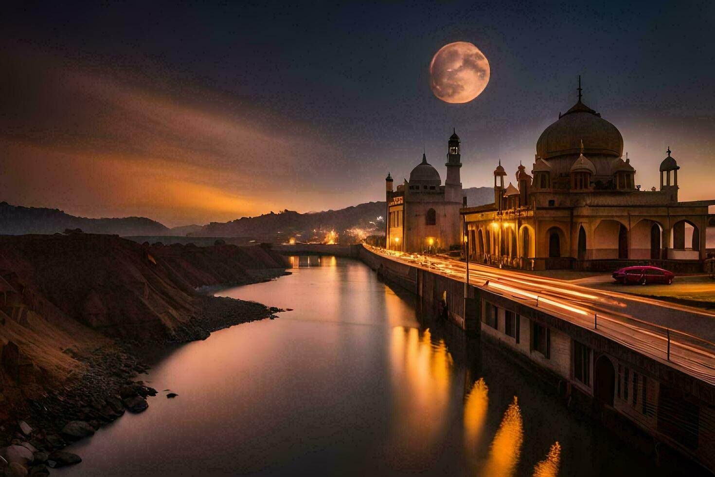 a lua sobe sobre uma mesquita e rio. gerado por IA foto