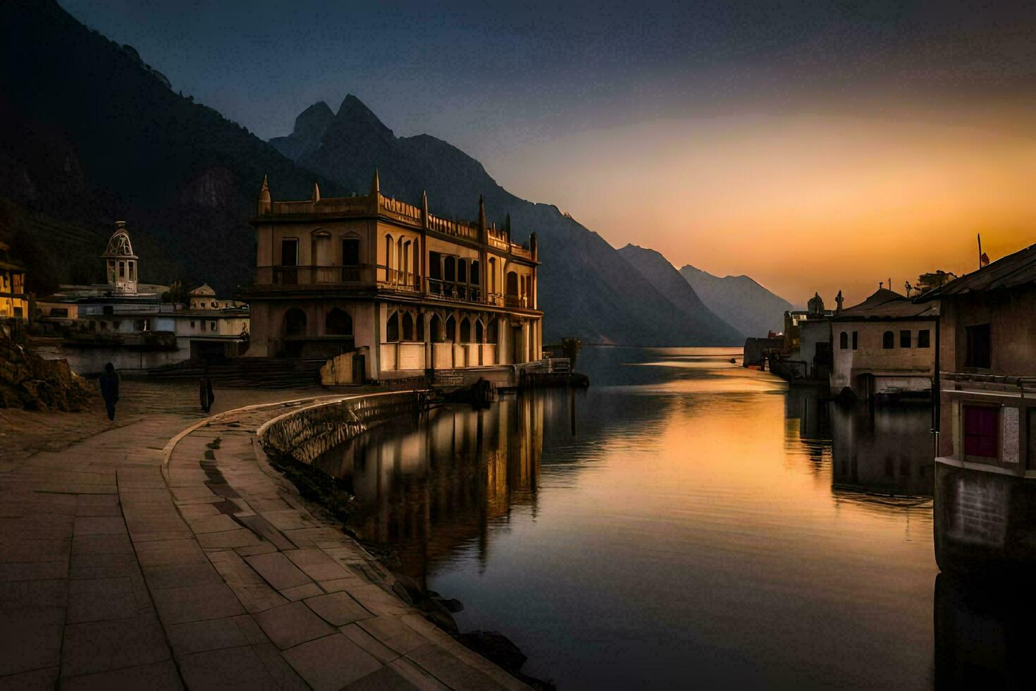 a Sol conjuntos sobre uma lago dentro Índia. gerado por IA foto