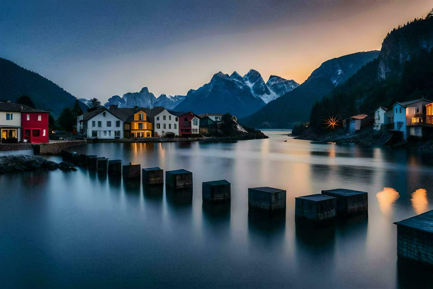 uma lindo pôr do sol sobre uma lago com casas e montanhas. gerado por IA foto