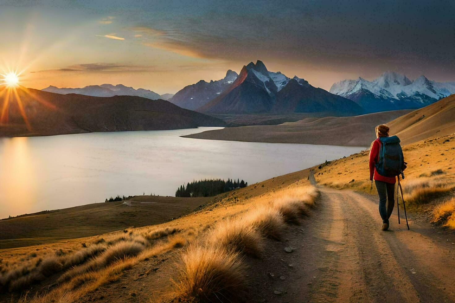 uma pessoa com uma mochila anda em ao longo uma caminho negligenciar uma lago e montanhas. gerado por IA foto