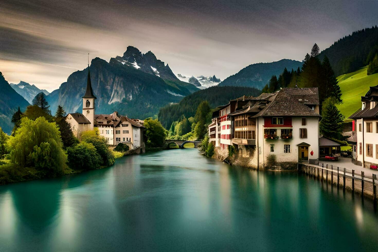 uma rio corre através uma Cidade dentro a montanhas. gerado por IA foto