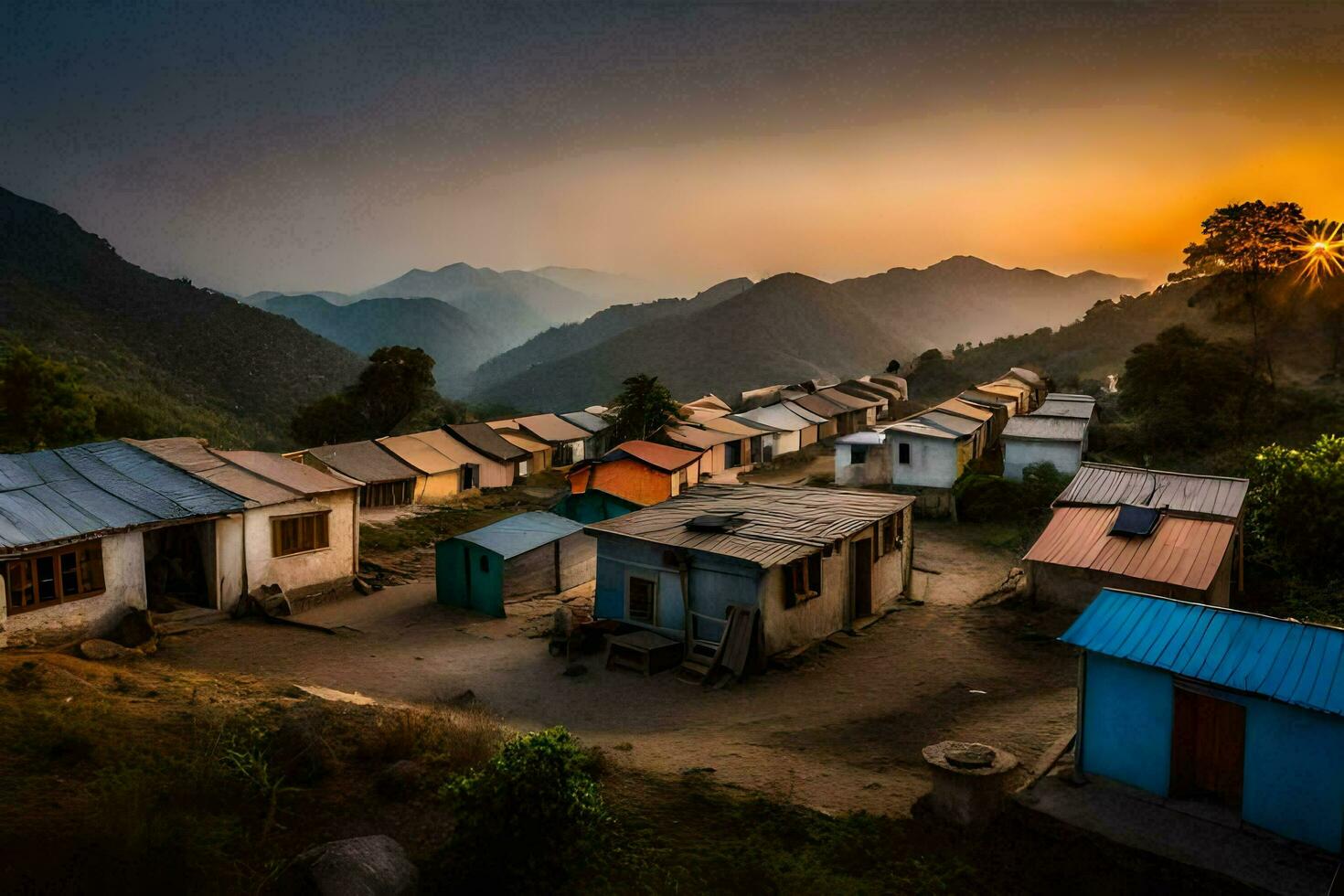 uma Vila às pôr do sol com casas e montanhas dentro a fundo. gerado por IA foto