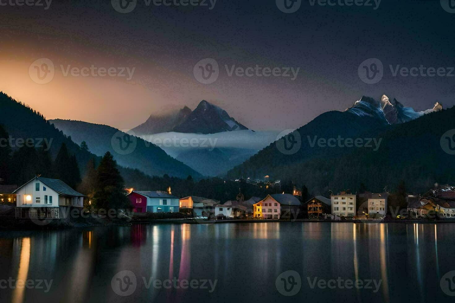 uma lago e montanhas às noite com casas. gerado por IA foto