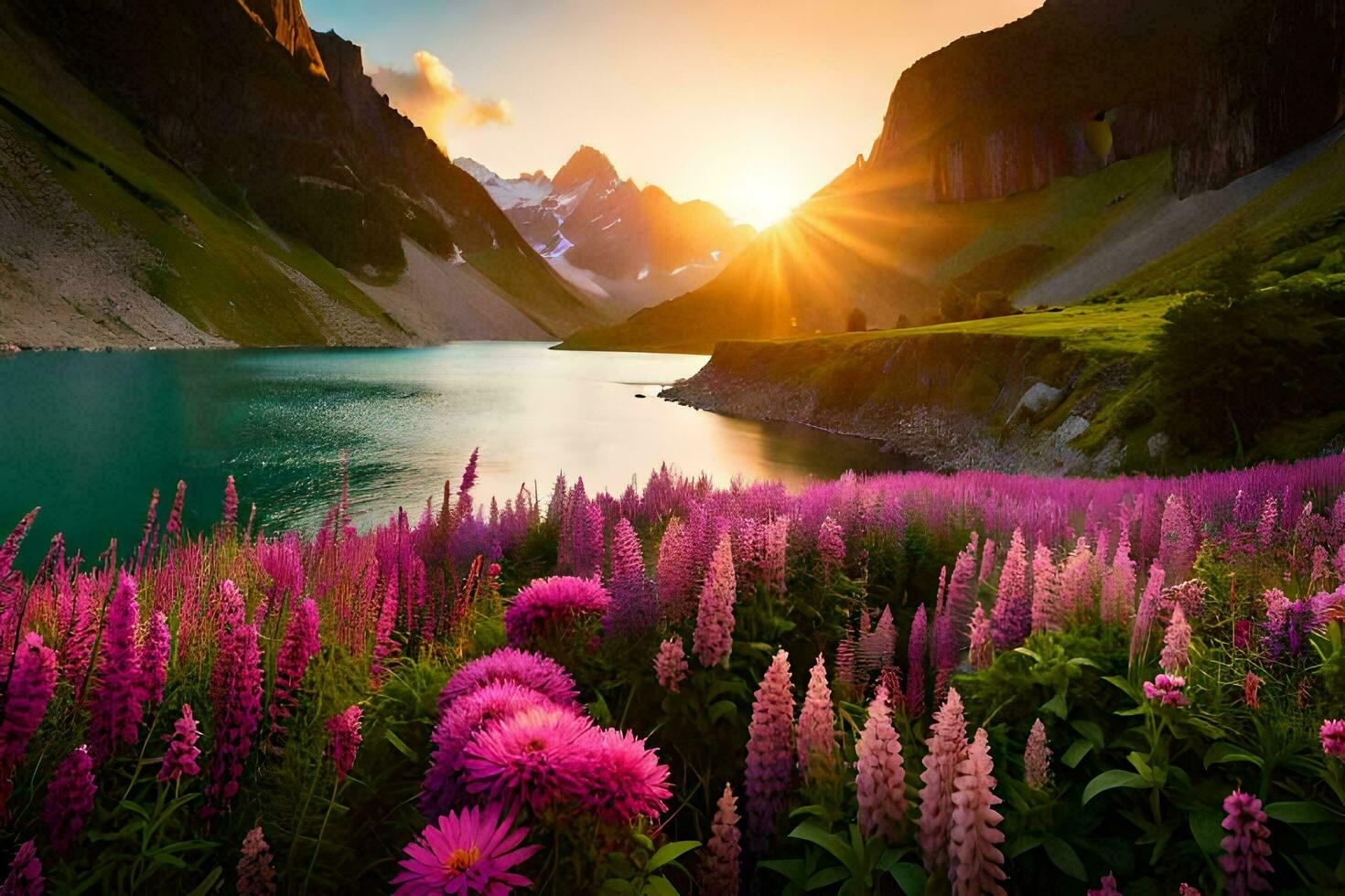 a Sol sobe sobre uma lago e flores dentro a montanhas. gerado por IA foto