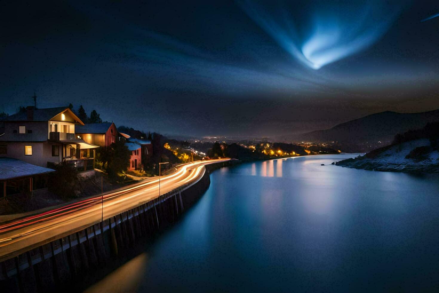 uma grandes exposição fotografia do uma rio e casas às noite. gerado por IA foto