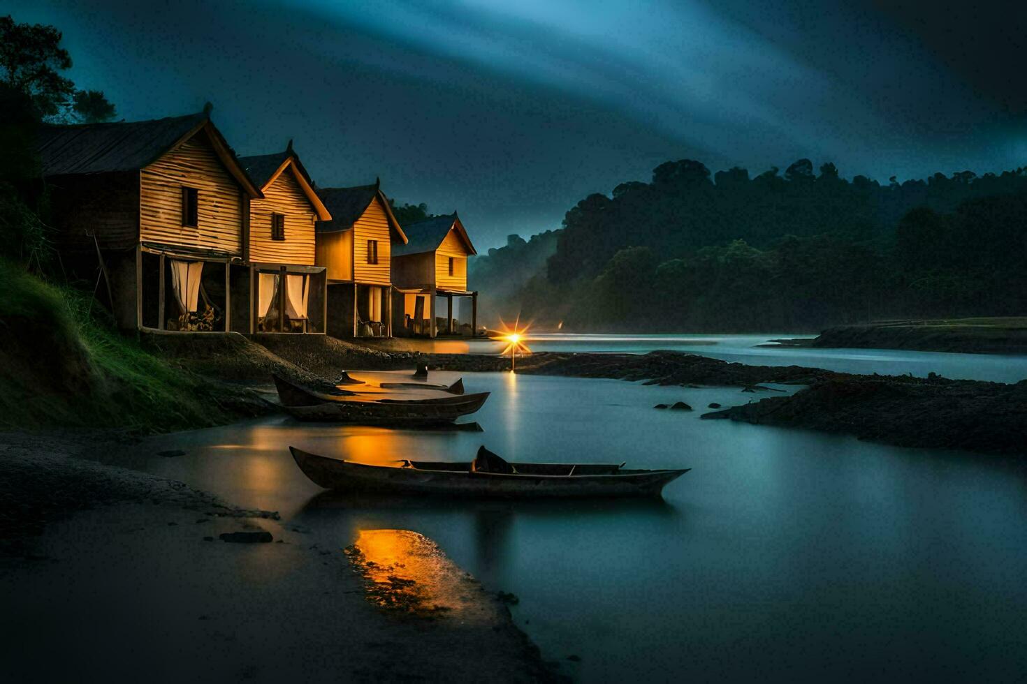 foto papel de parede a céu, água, barcos, a noite, a rio, a casa, o. gerado por IA