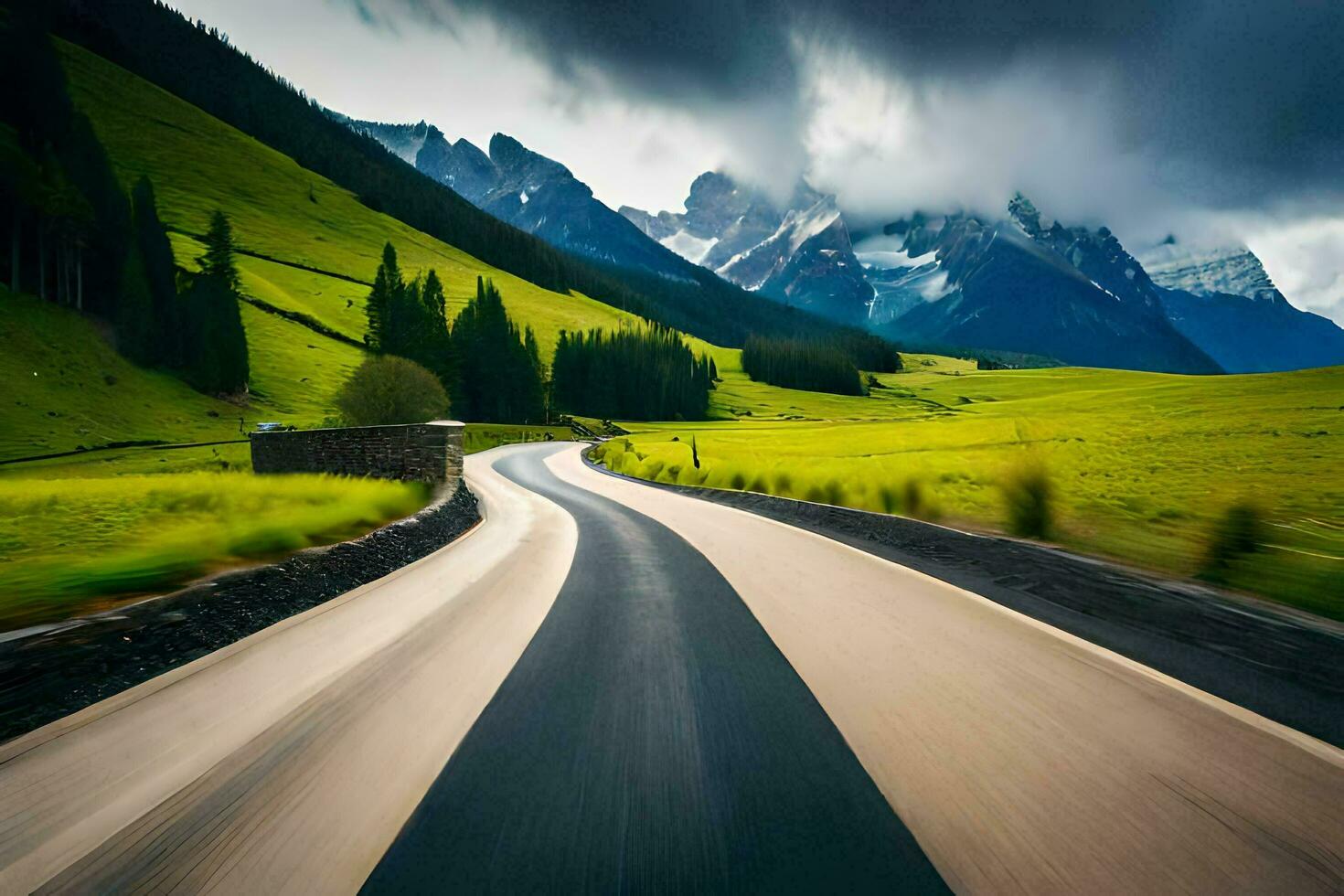 uma estrada dentro a montanhas com uma nublado céu. gerado por IA foto