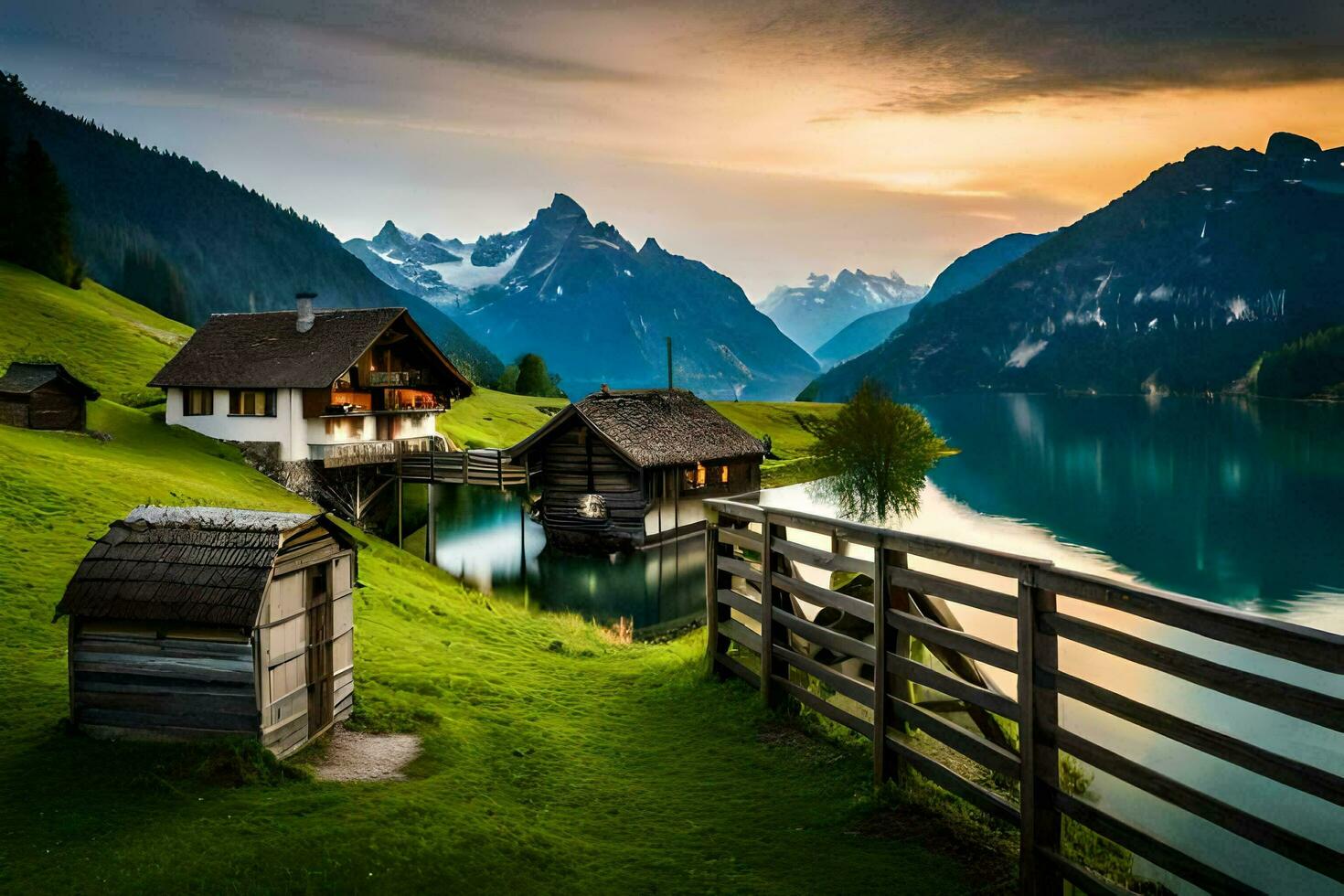 a casa em a lago, Alpes, Suíça. gerado por IA foto