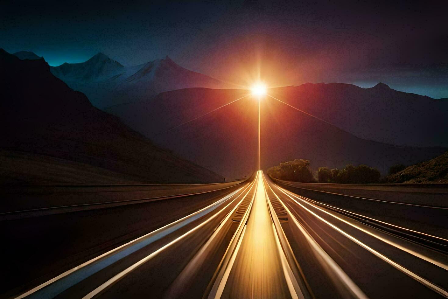 uma grandes exposição fotografia do uma estrada com uma Sol brilhando dentro a fundo. gerado por IA foto