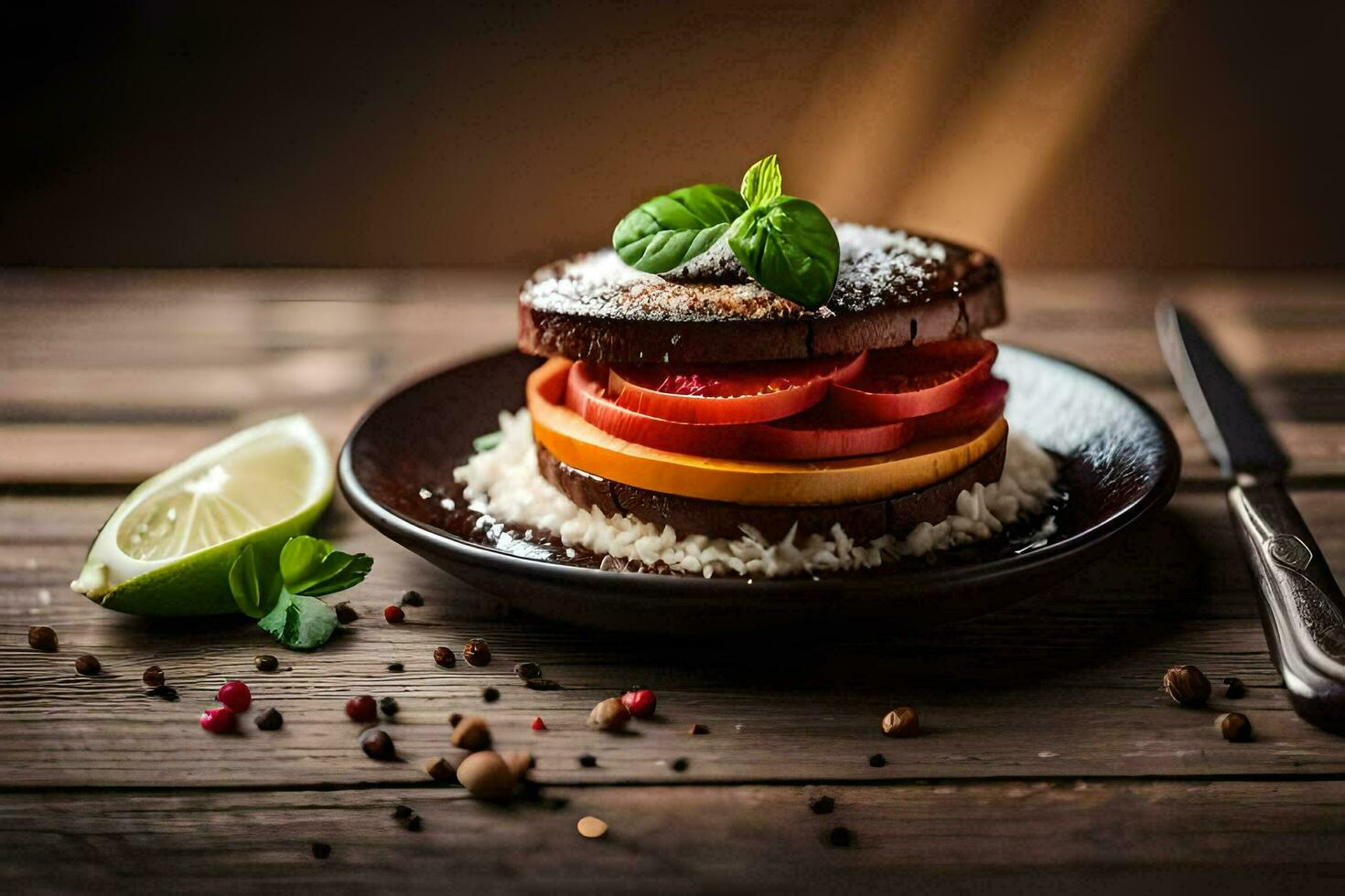 uma sanduíche com tomates, queijo e especiarias em uma placa. gerado por IA foto