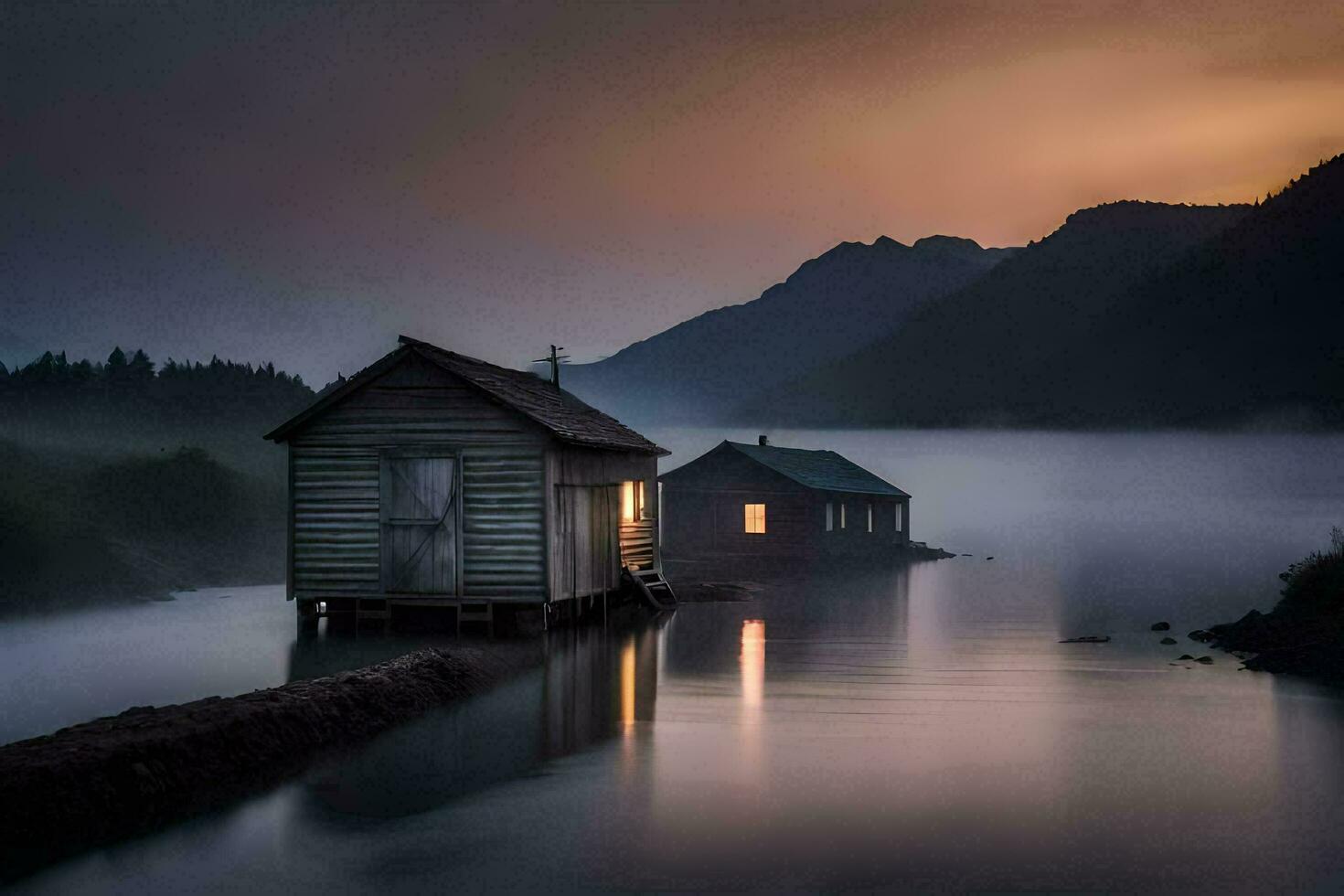 uma casa senta em a costa do uma lago às crepúsculo. gerado por IA foto