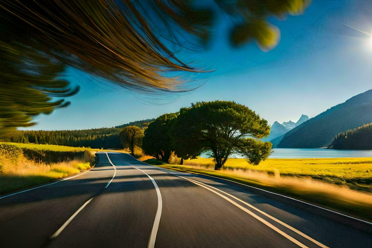 uma cênico estrada com montanhas dentro a fundo. gerado por IA foto