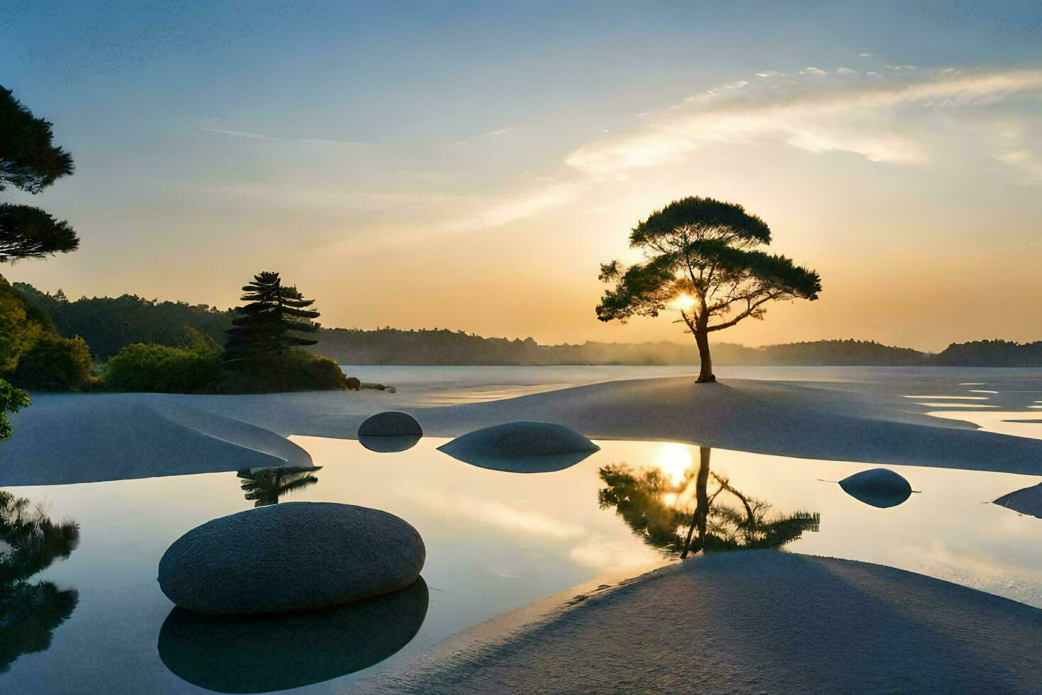 uma árvore e pedras dentro uma lago às pôr do sol. gerado por IA foto