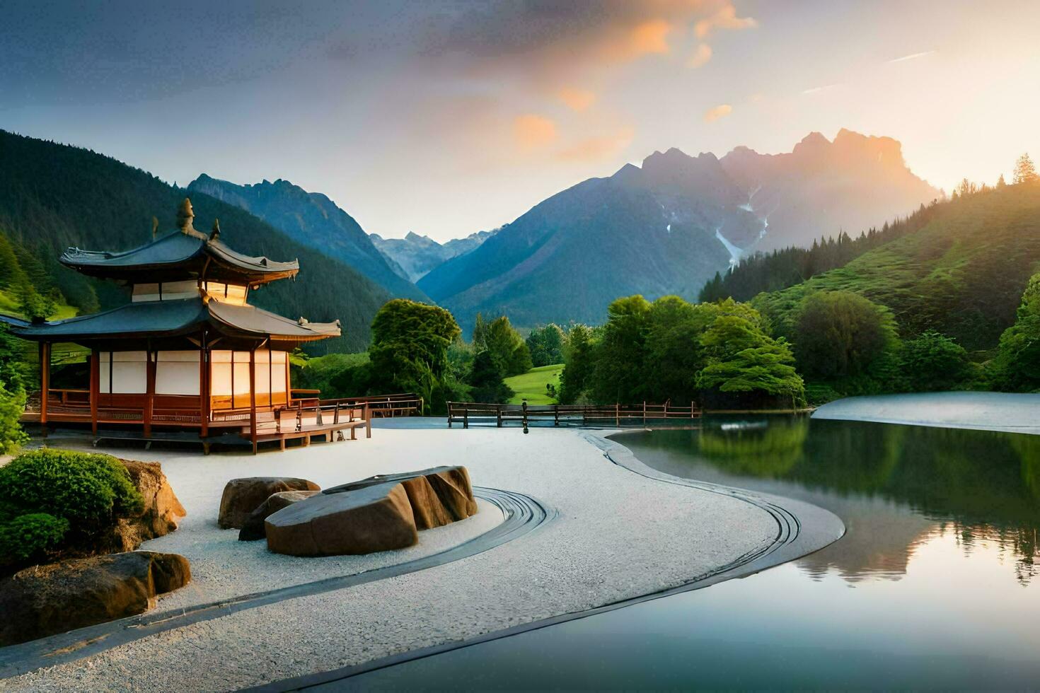 uma japonês pagode senta em a Beira do uma lago cercado de montanhas. gerado por IA foto