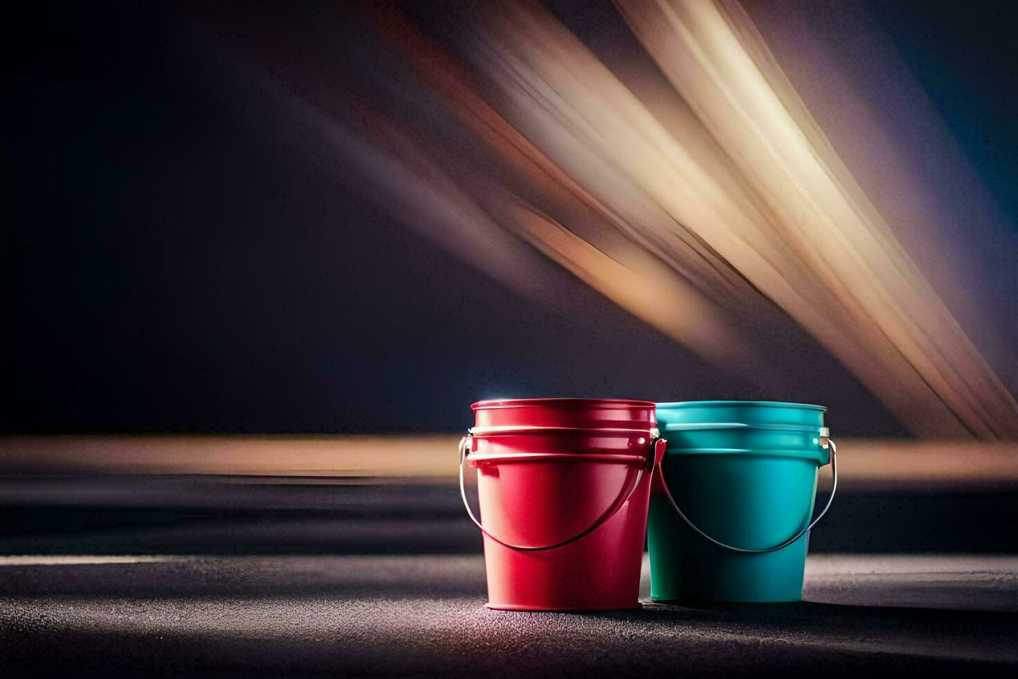 dois colorida baldes sentar em uma Sombrio superfície. gerado por IA foto