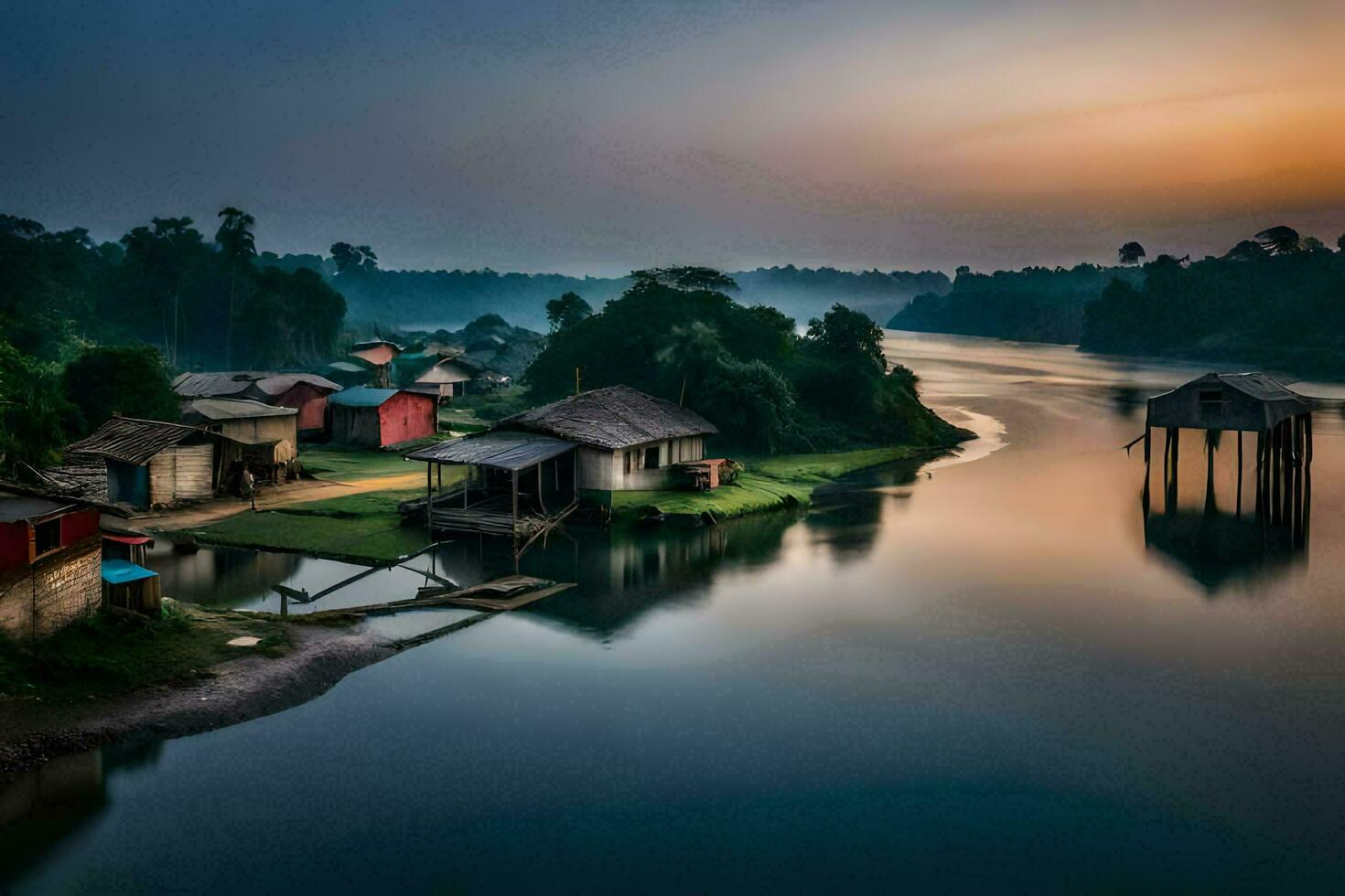 uma rio dentro a meio do uma Vila às pôr do sol. gerado por IA foto