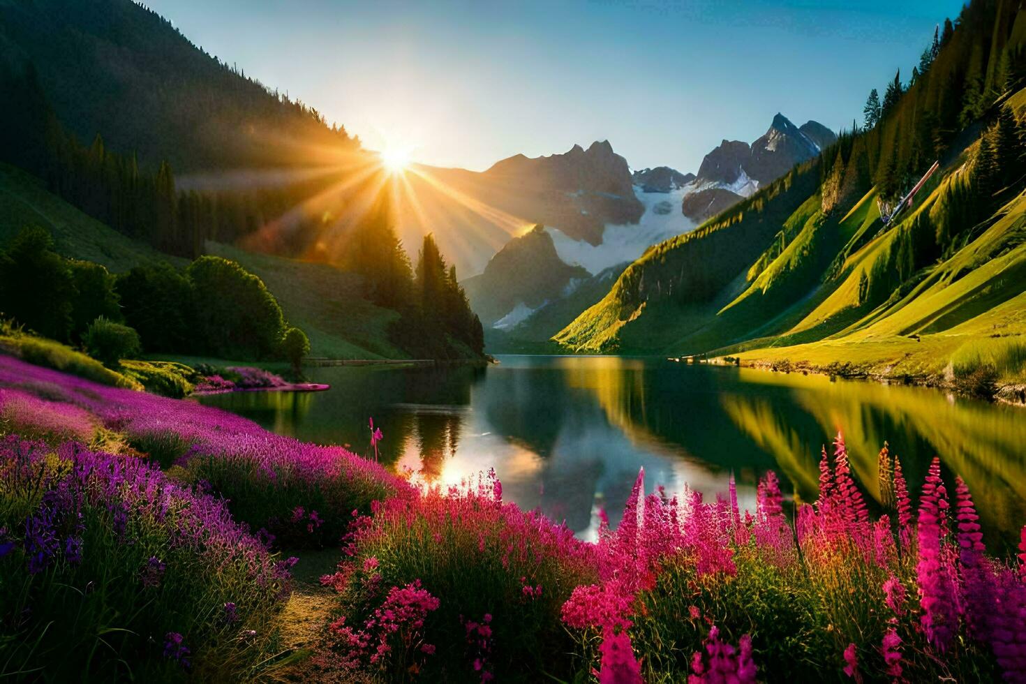 a Sol sobe sobre a montanhas e flores dentro a primeiro plano. gerado por IA foto