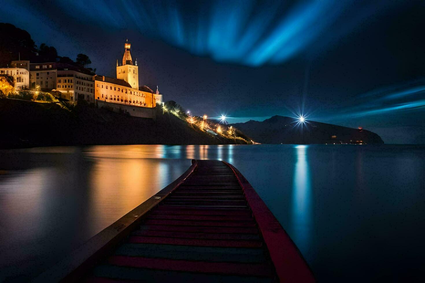 uma cais dentro a meio do a oceano às noite. gerado por IA foto