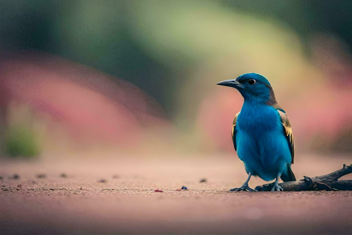 uma azul pássaro sentado em a chão. gerado por IA foto