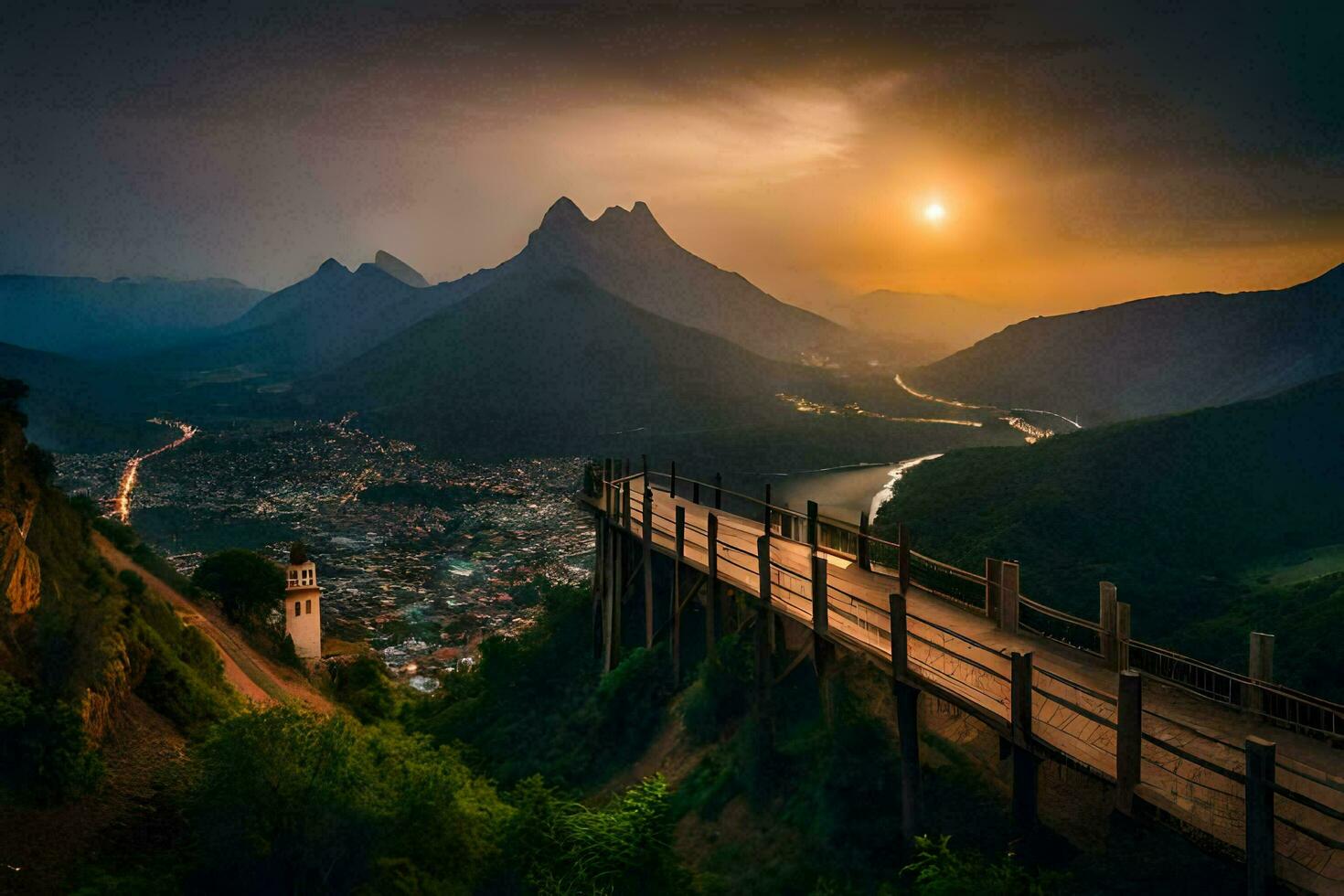 a Sol conjuntos sobre uma ponte e montanhas. gerado por IA foto