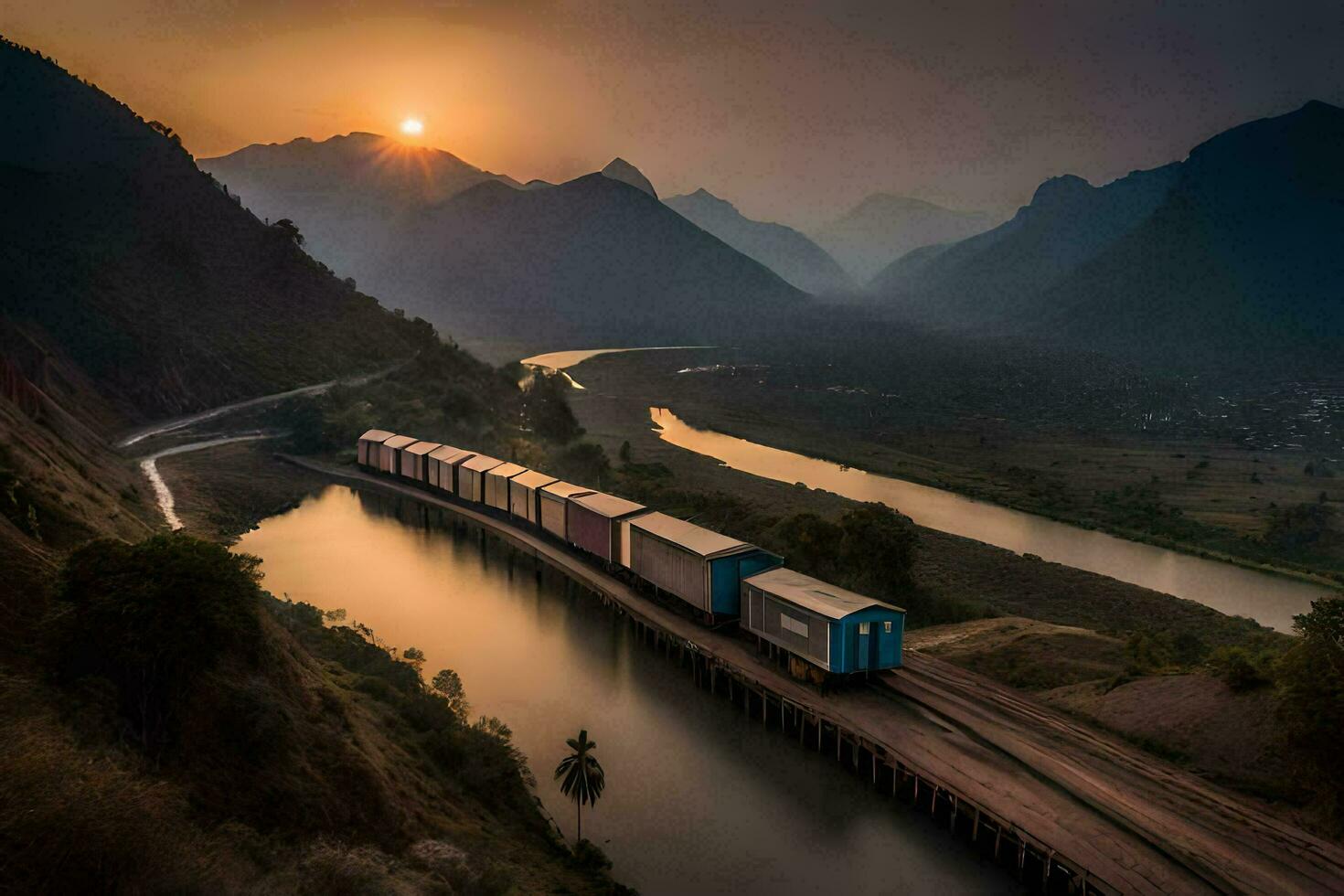 uma trem viajando através a montanhas às pôr do sol. gerado por IA foto