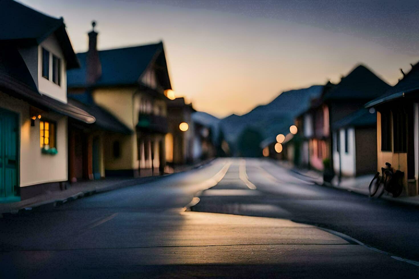 uma rua dentro a tarde com luzes sobre. gerado por IA foto