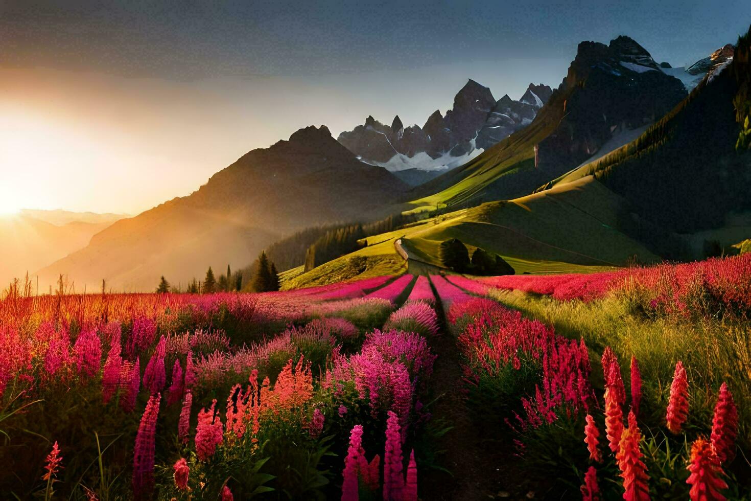 a Sol sobe sobre uma campo do Rosa flores dentro a montanhas. gerado por IA foto