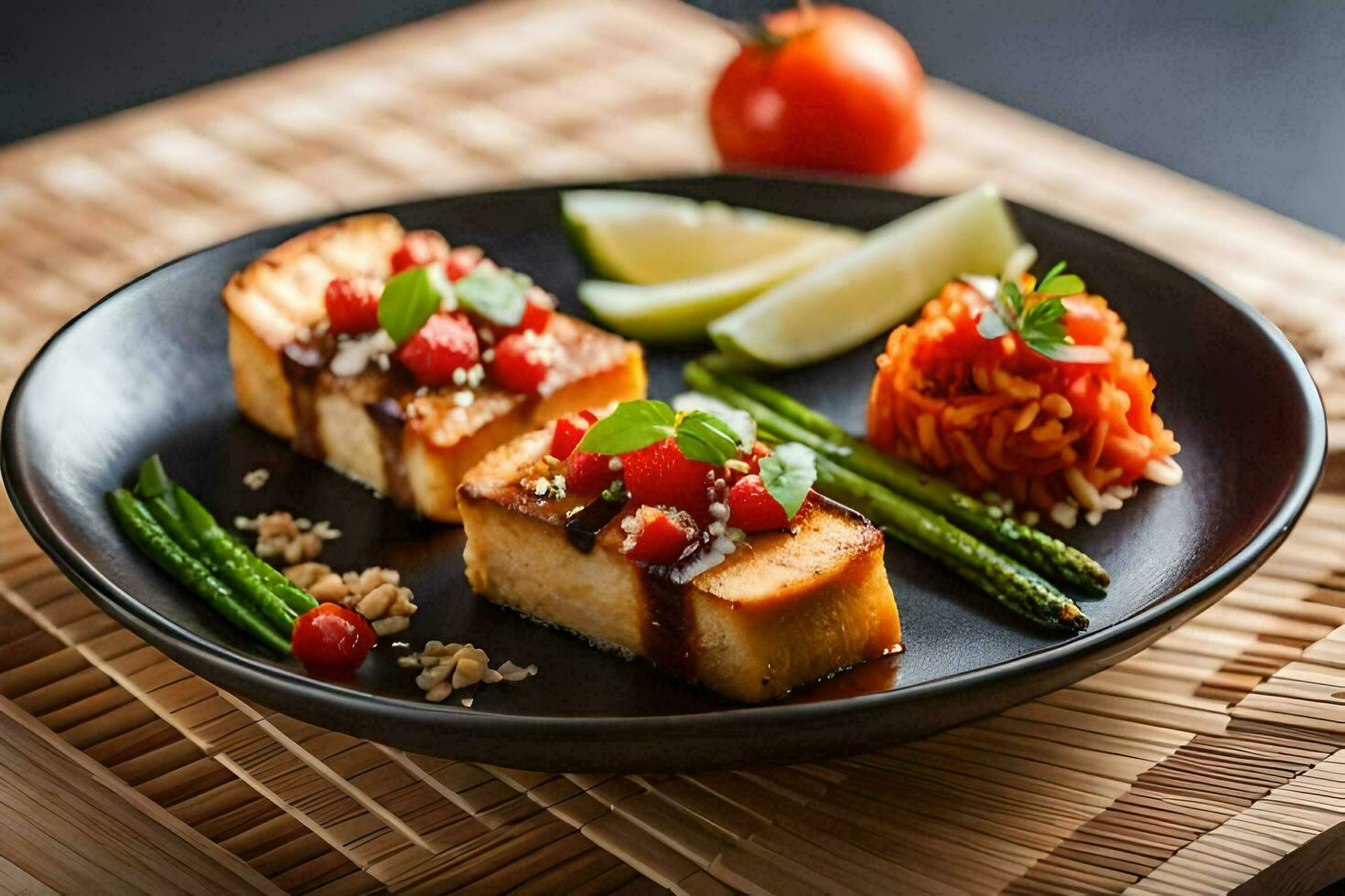 uma prato com tofu, espargos, tomates e espargos. gerado por IA foto