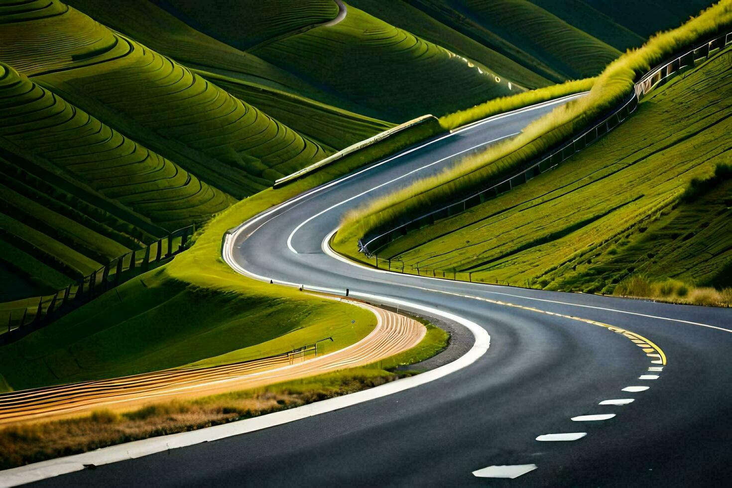 uma enrolamento estrada dentro a montanhas. gerado por IA foto