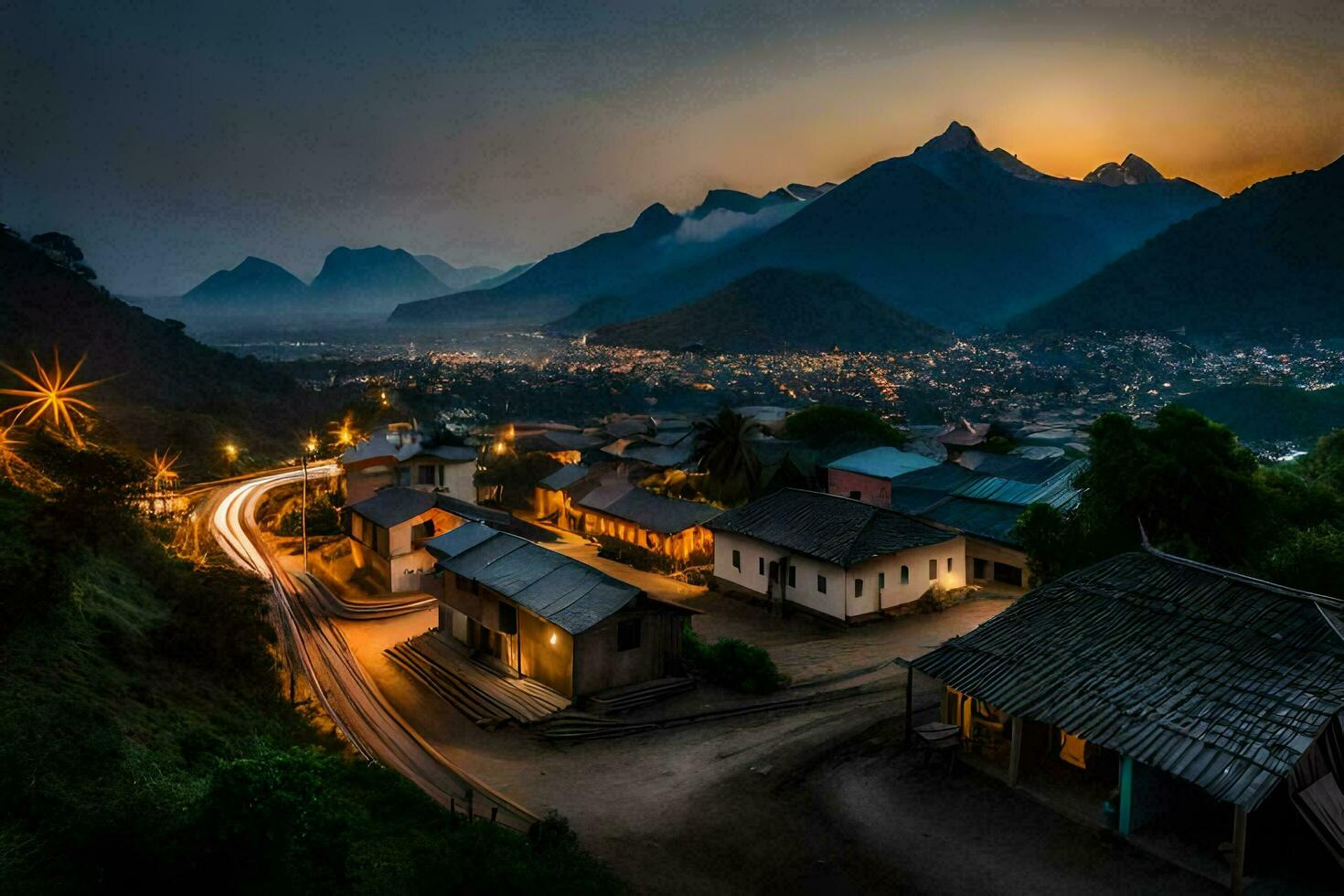 uma Vila dentro a montanhas às crepúsculo. gerado por IA foto