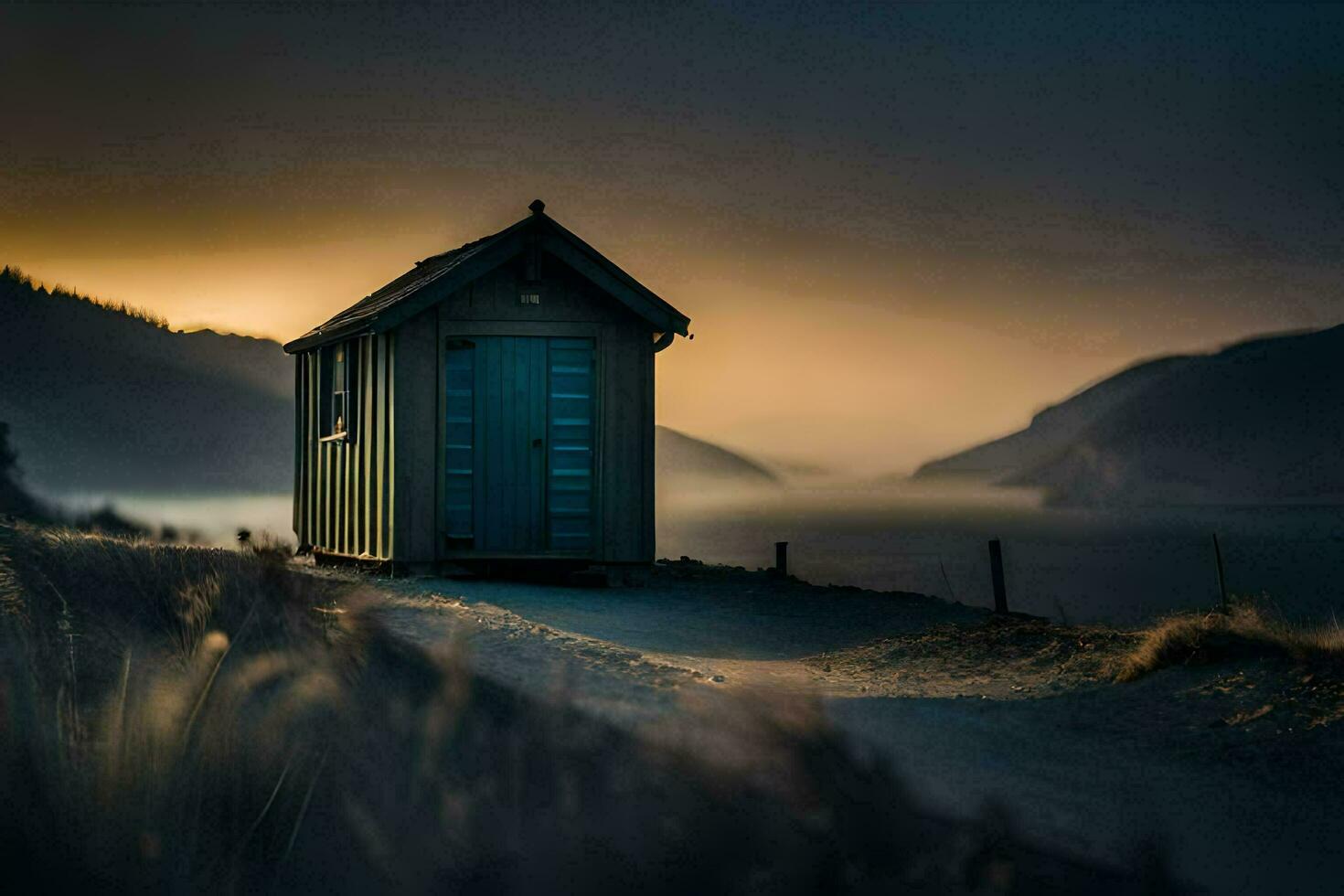 uma pequeno cabana senta em a lado do uma estrada. gerado por IA foto