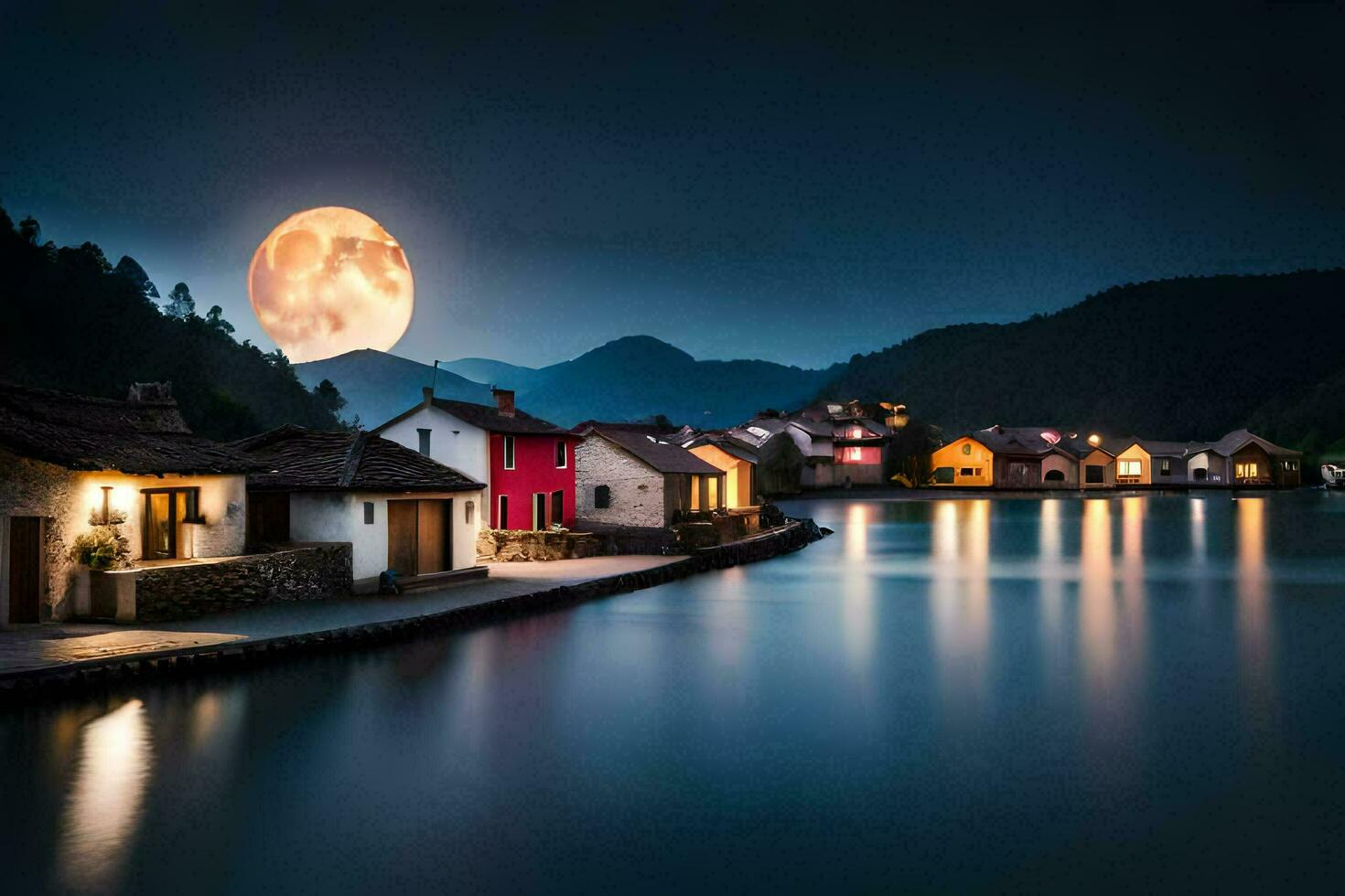 foto papel de parede a lua, água, casas, lago, montanhas, lua, água, casas,. gerado por IA