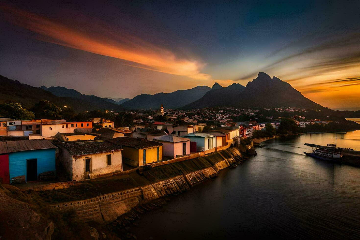 pôr do sol sobre a rio e casas dentro brasil. gerado por IA foto