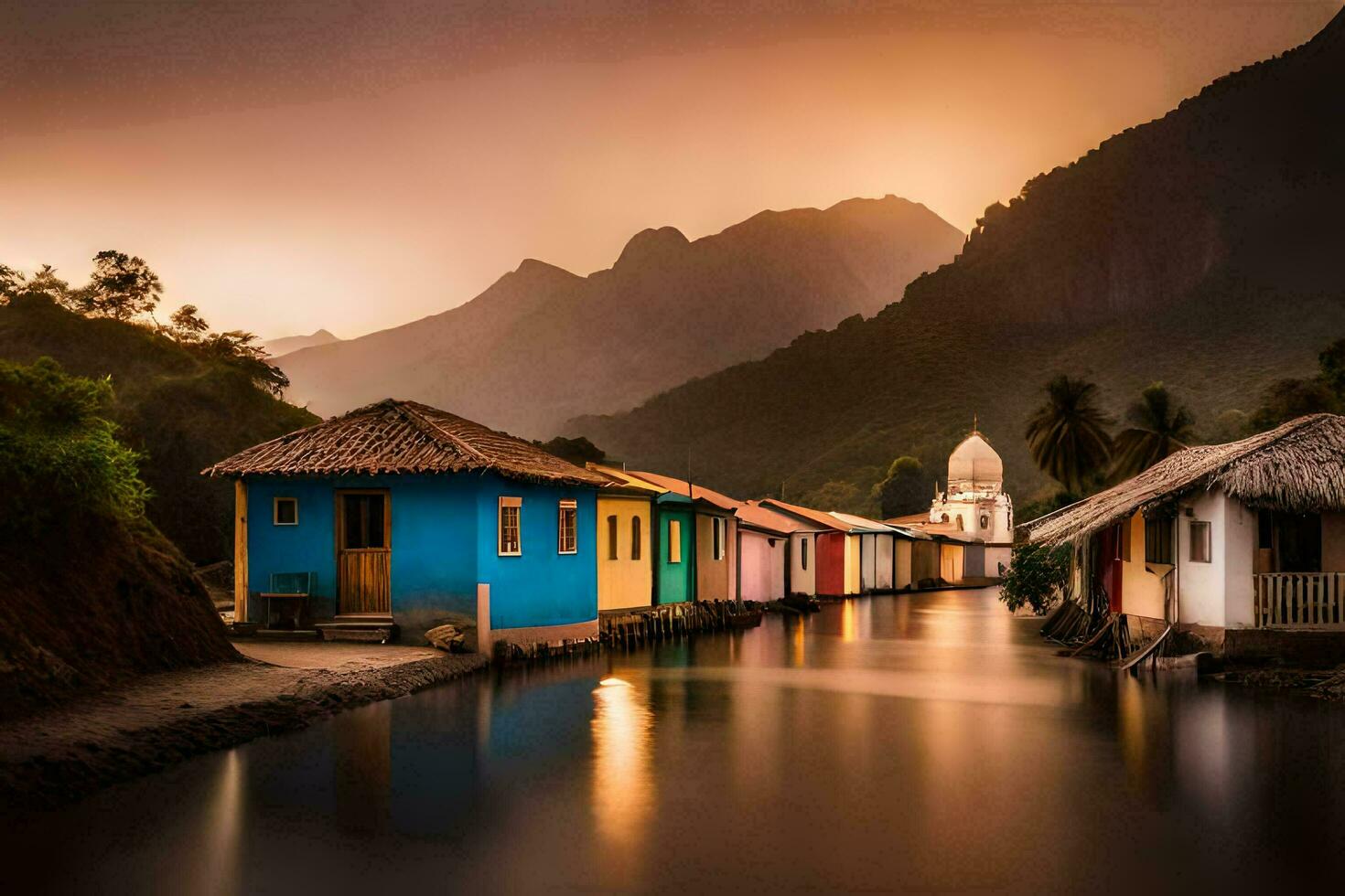 colorida casas linha a bancos do uma rio. gerado por IA foto