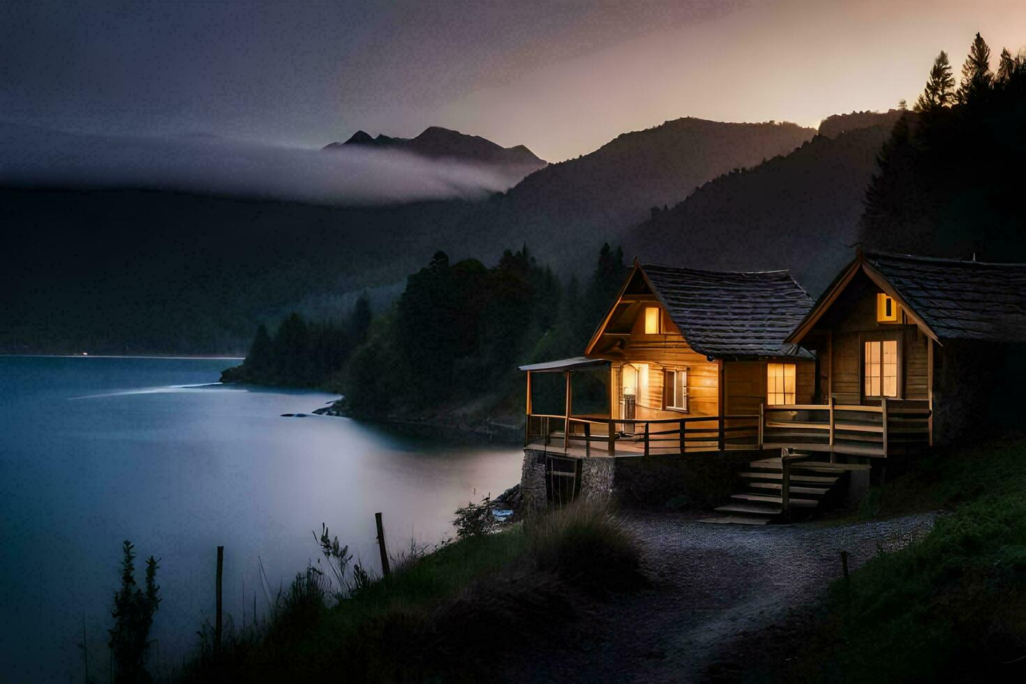 foto papel de parede a céu, montanhas, lago, cabine, a casa, a lago, a montanhas. gerado por IA