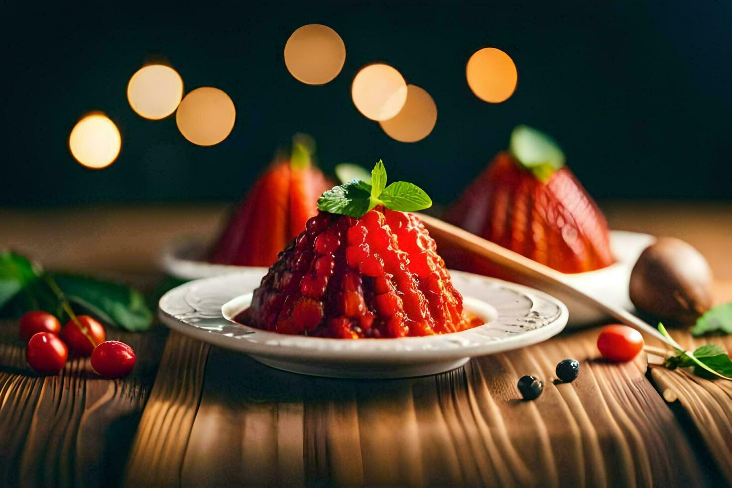 morango gelatina com bagas e folhas. gerado por IA foto