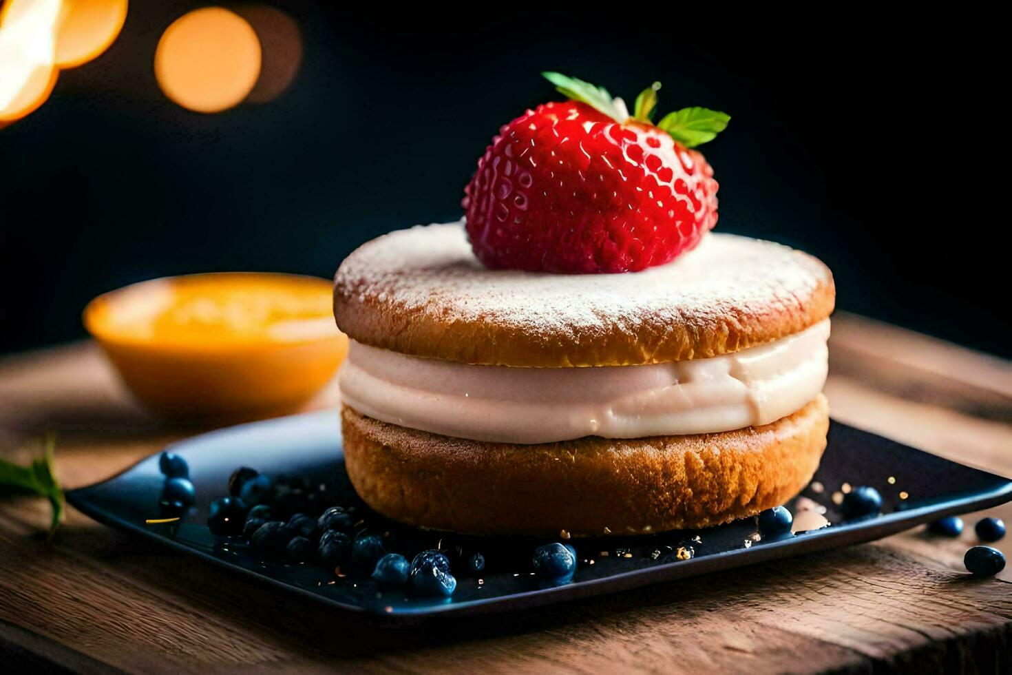 uma morango e creme bolo em uma Preto placa. gerado por IA foto