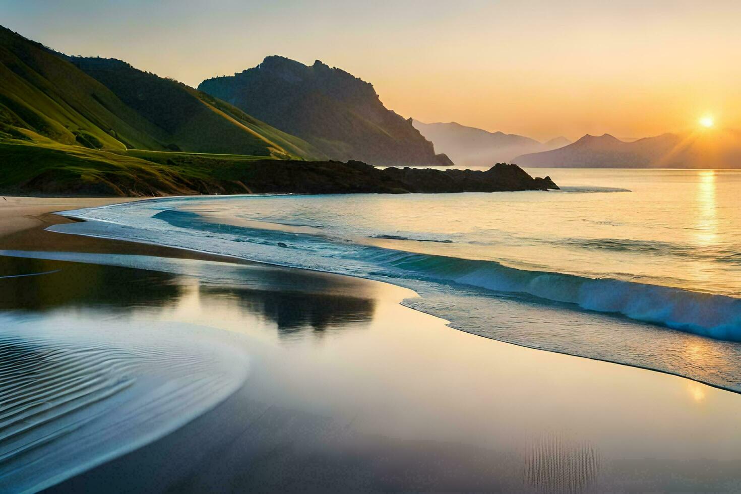 a Sol sobe sobre uma de praia e montanhas. gerado por IA foto