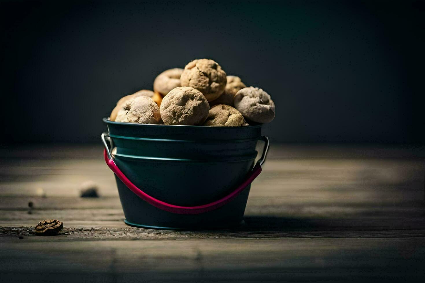 uma balde preenchidas com biscoitos em uma de madeira mesa. gerado por IA foto