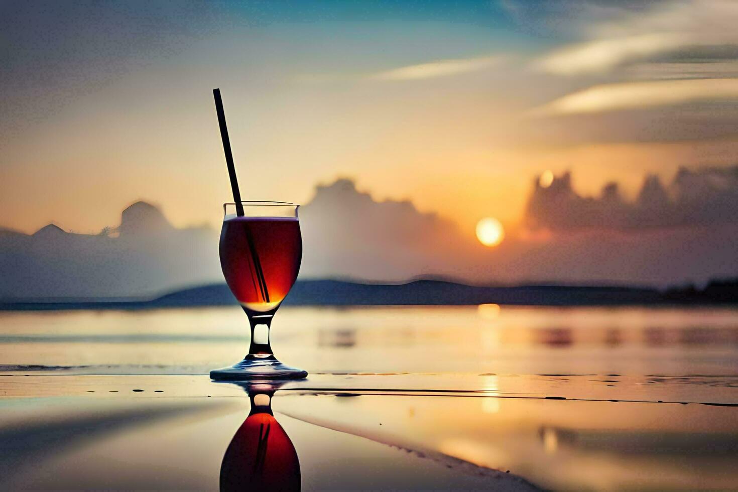 uma vidro do vermelho vinho em a de praia às pôr do sol. gerado por IA foto